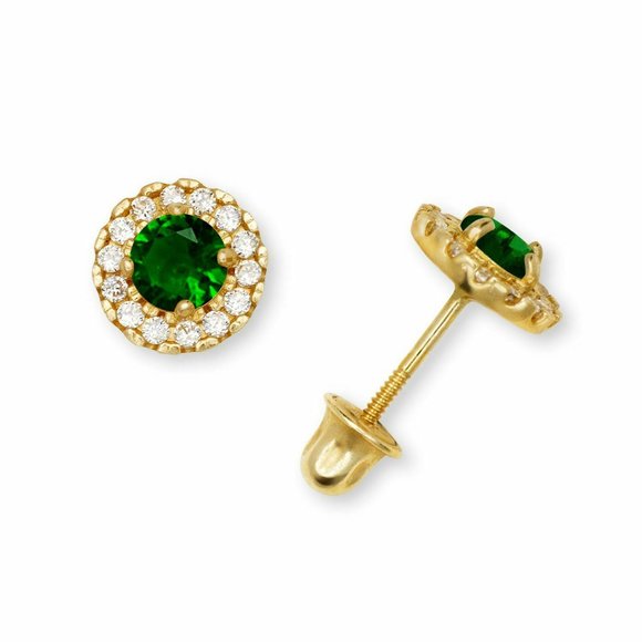 Solid 14K Yellow Gold Halo Birthstone Stud Screw Back Earrings w/ Sparkly Stones - Picture 5 of 12